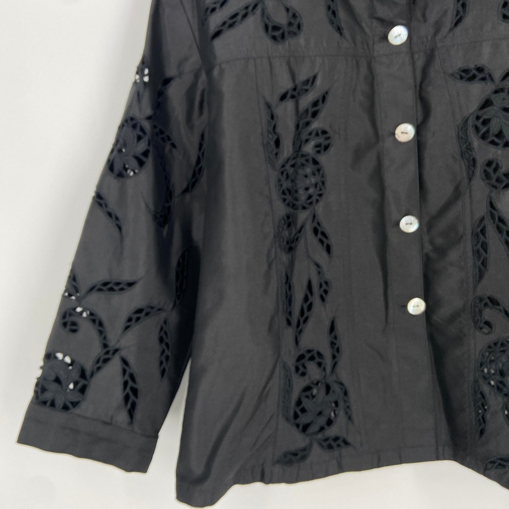 Zena Beverly Hills Black Silk Embroidered Cutout Jacket Women Size 3 L/XL - Picture 2 of 9
